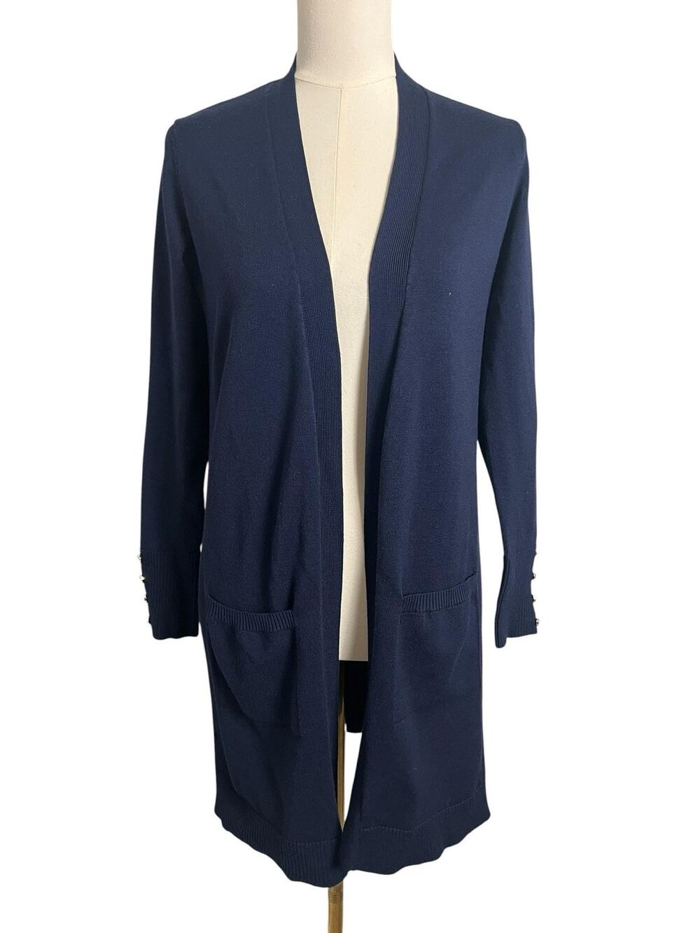 Verve Ami Long Navy Open Front Cardigan Sweater Duster Pockets Button Cuffs S